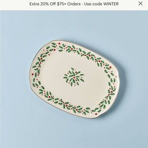 Lenox Holiday oblong Platter with Green and Red Holly Design BRAND NEW